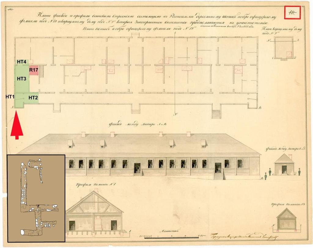 65 Kuva 44: Ruotsinsalmen upseerien siipirakennuksen nro 19 piirustukset vuodelta 1837 ennen rakennuksen purkamista. Piirrokseen (ylhäällä vas.
