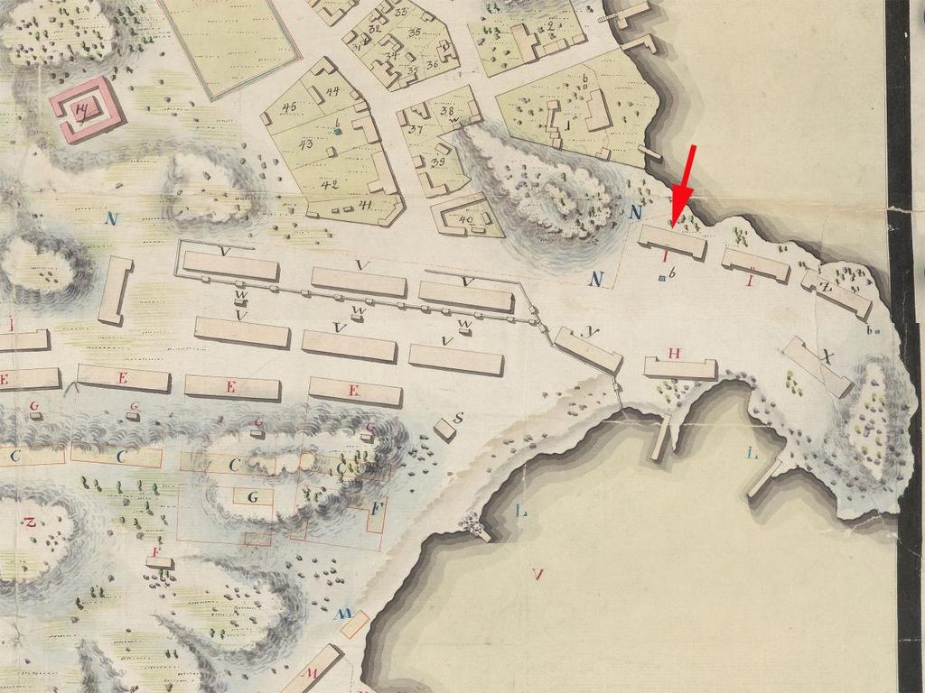 8 sijainneilla tonteilla asui 1800-luvun alussa laaditun kartan perusteella ennen kaikkea kauppiaita, mutta myös varuskunnan henkilökuntaa ja virkamiehiä (kuva 2). Kuva 2: Kotkansaaren koillisosaa 31.