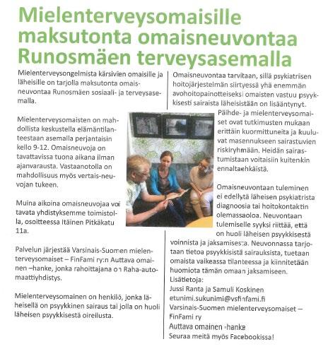 Liite 6 (3) Mielenterveysomaisille maksutonta omaisneuvontaa Runosmäen