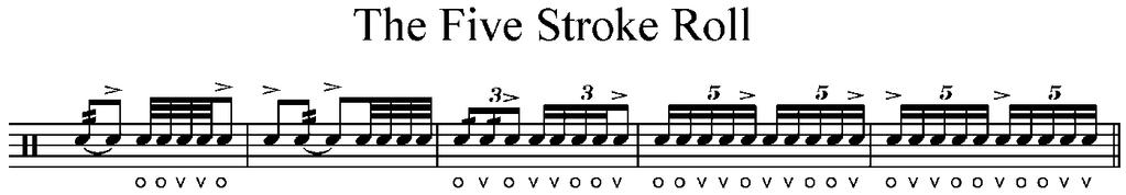8 Five stroke roll koostuu kahdesta kaksoislyönnistä vuorokäsin, sekä viidennestä iskusta, joka on aksentoitu. Rudimentti soitetaan yleensä aloittaen vuorotellen sekä oikealla että vasemmalla kädellä.