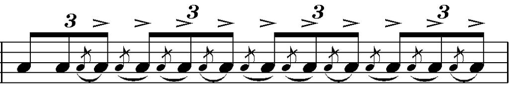 27 Neljännen tahdin ensimmäisellä tahdinosalla soitetaan kaksi kuudestoistaosa-iskua hi-hatjalalla sekä virvelillä, virveli-isku aksentoituna.