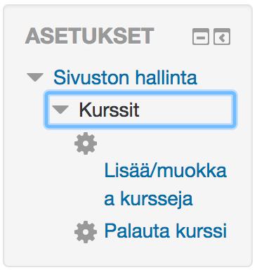 5 (10) 1. Valitse Valikko ( ) u Asetukset u Sivuston hallinta u Kurssit u Lisää/muokkaa kursseja. 2. Sijoita kurssi/opintojakso kategoriaan Opinnot. Muu työtila/kurssi puolestaan kategoriaan Muut. 3.