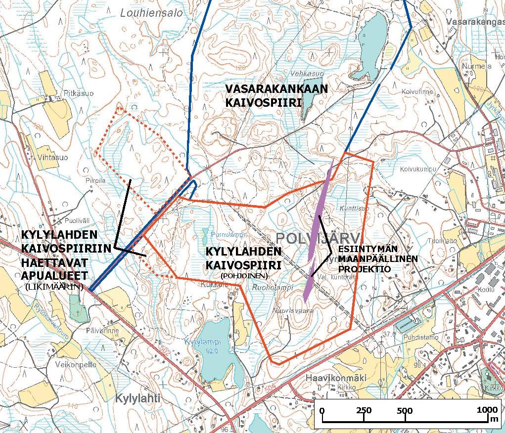 Kylylahden kaivos: Ympäristövaikutusten arviointiohjelma 11 Kuva 2. Kylylahden kaivospiirin pohjoinen osa ja hyödynnettävän esiintymän maanpäällinen projektio 4.