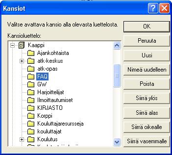 VIESTIT KANSIOIHIN 1. Luo ensin kansiot. napsauta Kaappia hiiren kakkospainikkeella ja luo Uusi kansio 2. Valitse postilaatikostasi viestit jos useita: CTRL pohjassa 3. Vedä kansion nimen päälle. 4.