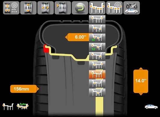 2) Measure the rim. 3) Run the machine. 4) When the wheel stops spinning, the amount of imbalance is displayed on the screen.