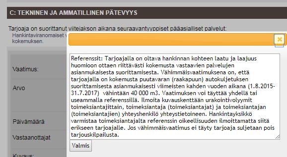 C: Tekninen ja ammatillinen pätevyys Arvo: Syötä kaikkien referenssien määrä yhteensä m 3