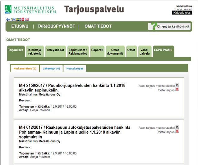 Omat tiedot: keskeneräiset tarjoukset ja jätetyt tarjoukset Omat tiedot osiossa näet keskeneräiset tarjouksesi ja jo jättämäsi tarjoukset.