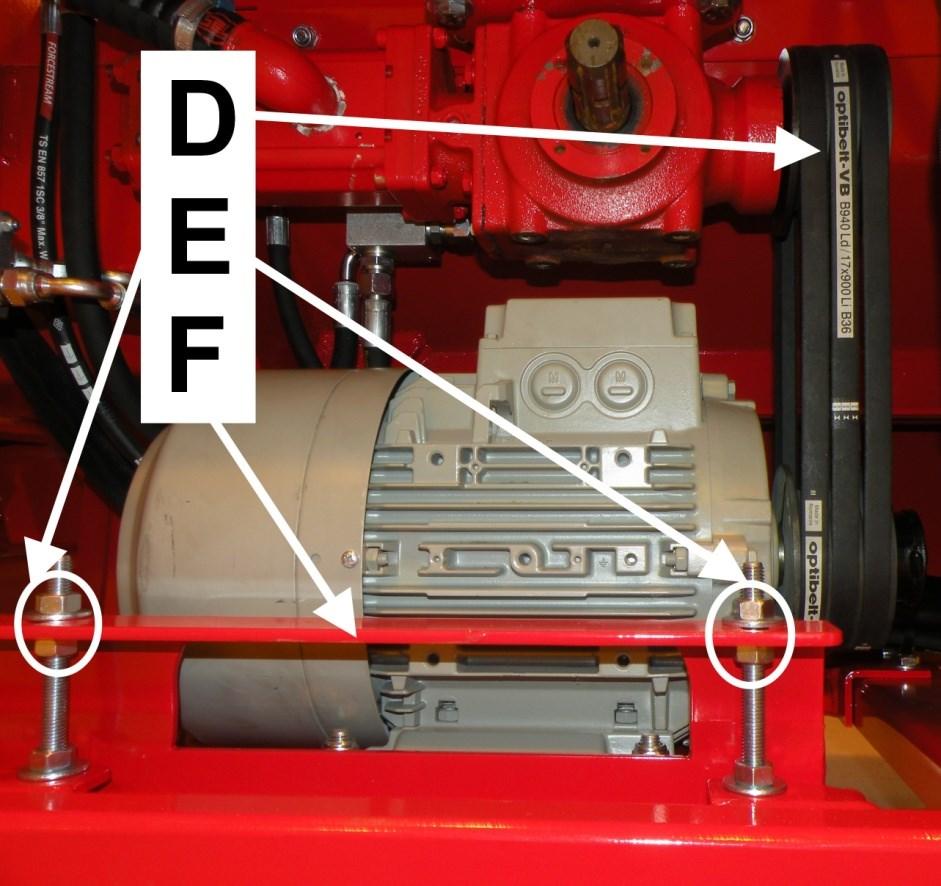 Nosta sähkömoottorin petiä F riittävästi ylös säätömuttereiden E (4 kpl) avulla, jotta saat pujotettua kiilahihnat D (3 kpl) pois.