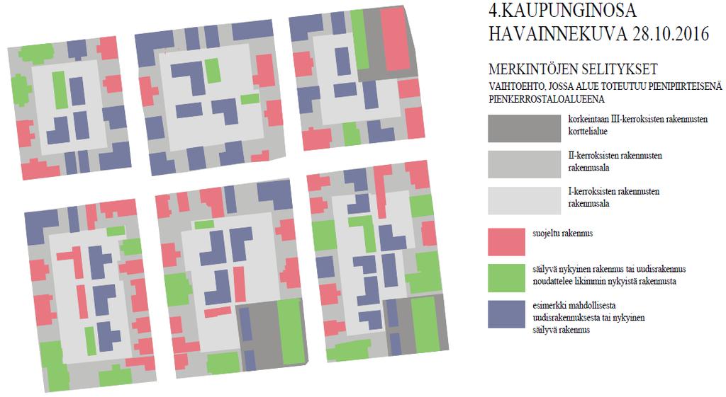 Luonnosvaiheessa tarkasteltiin kortteleiden täydennysrakentumista sekä erillispientaloalueena että pienipiirteisenä