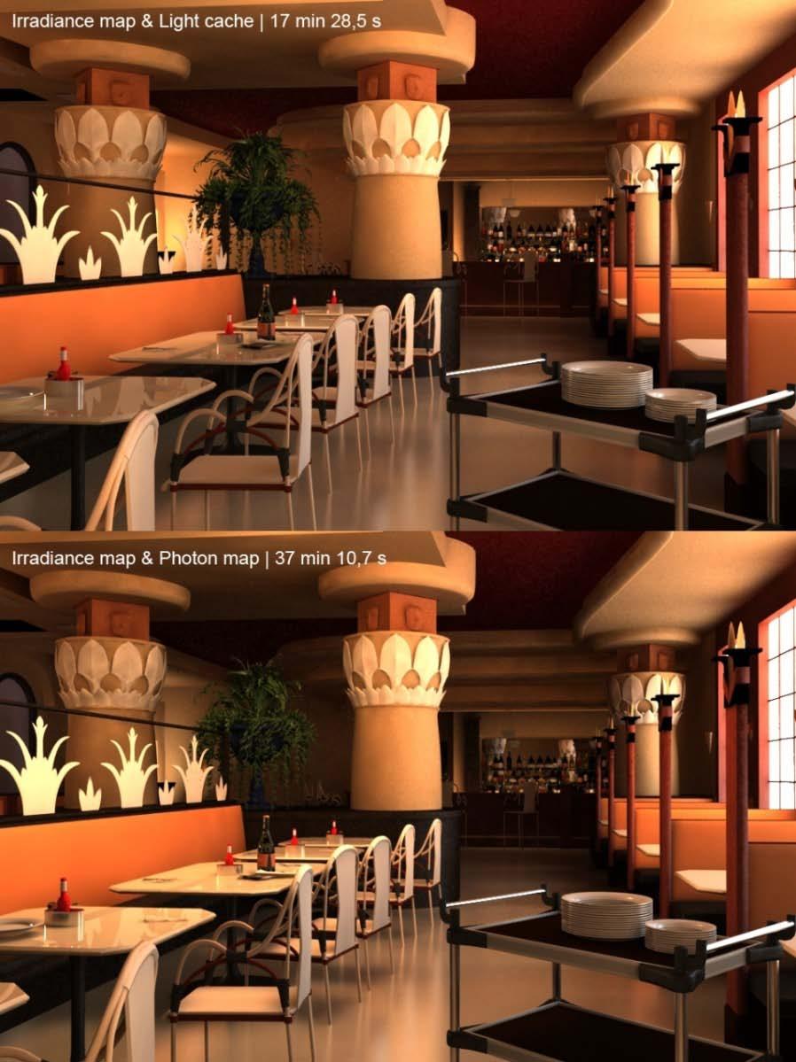 53 kun taas irradiance map photon mapping -kuvassa etualalla on huomattavasti enemmän valoa kuin taustalla. Tähän vaikutti se, että kameran yläpuolella oleva heijastinvalo vuoti valon etualalle.