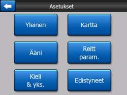 5 Asetukset igo-laitetta voi muokata mieleisekseen asetusten avulla. Asetukset-ruutuun pääsee suoraan Päävalikosta (Sivu 17) käyttämällä akkukuvaketta (Sivu 35).