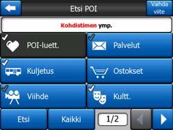 näyttösivulla näkyy POI-luokkien ylimmän tason ensimmäinen sivu. Tasoja on yhteensä kolme. Haku tapahtuu tietyn viitepisteen ympärillä.