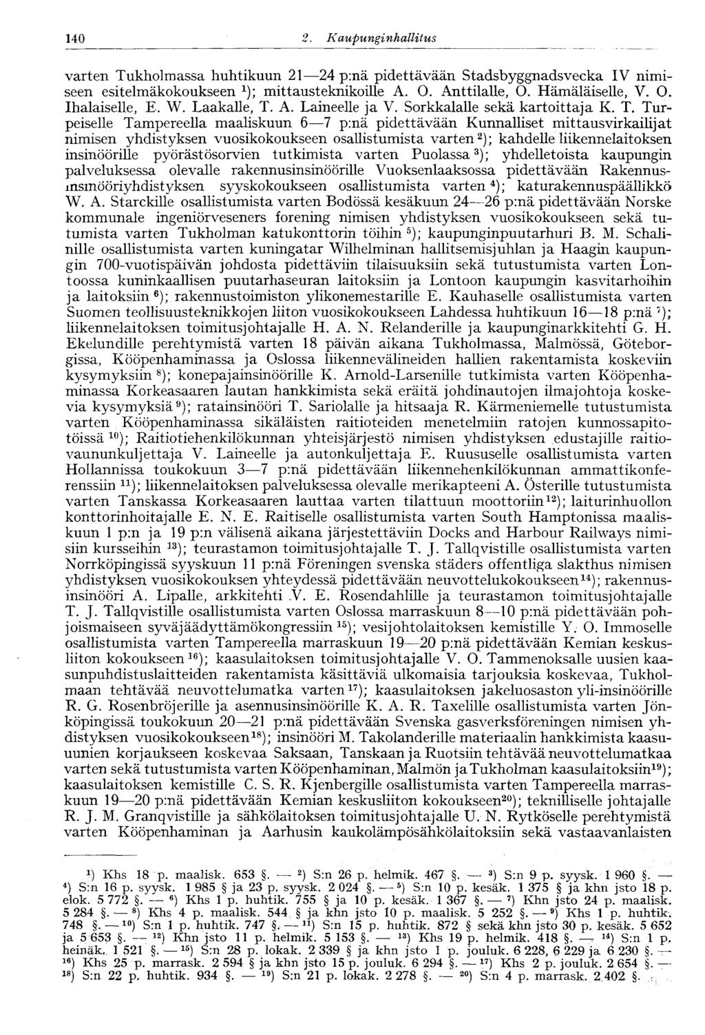 140 2. Kaupungi nhallitus varten Tukholmassa huhtikuun 21 24 p:nä pidettävään Stadsbyggnadsvecka IV nimiseen esitelmäkokoukseen 1 ); mittausteknikoille A. O. Anttilalle, O. Hämäläiselle, V. O. Ihalaiselle, E.