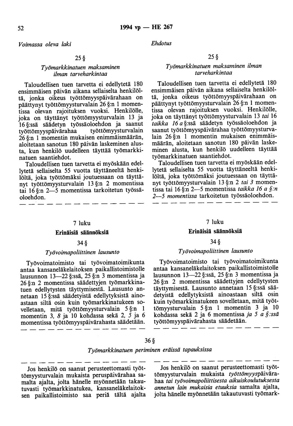 52 1994 vp - HE 267 Voimassa oleva laki 25 Työmarkkinatuen maksaminen ilman tarveharkintaa Taloudellisen tuen tarvetta ei edellytetä 180 ensimmäisen päivän aikana sellaiselta henkilöltä, jonka oikeus