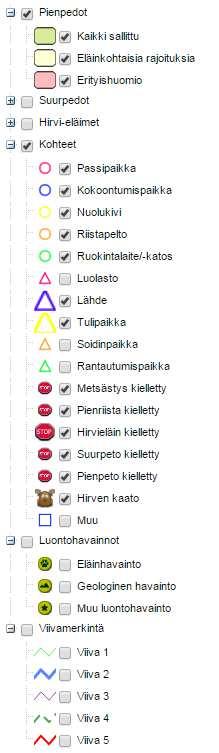 6 Kohteiden ollessa valittuina ne näkyvät karttatasolla. Näytettävät karttatasot käyttäjä valitsee itse valikosta. Klikkaamalla plus -merkkiä saat avattua alavalikot.