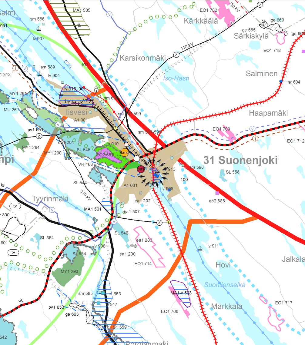 Ote Pohjois-Savon maakuntakaavayhdistelmäkartasta, jossa taajamatoimintojen alue on osoitettu vaalean ruskealla ja yhdyskuntarakenteen eheyttämistarve nuolimerkinnällä. 2.
