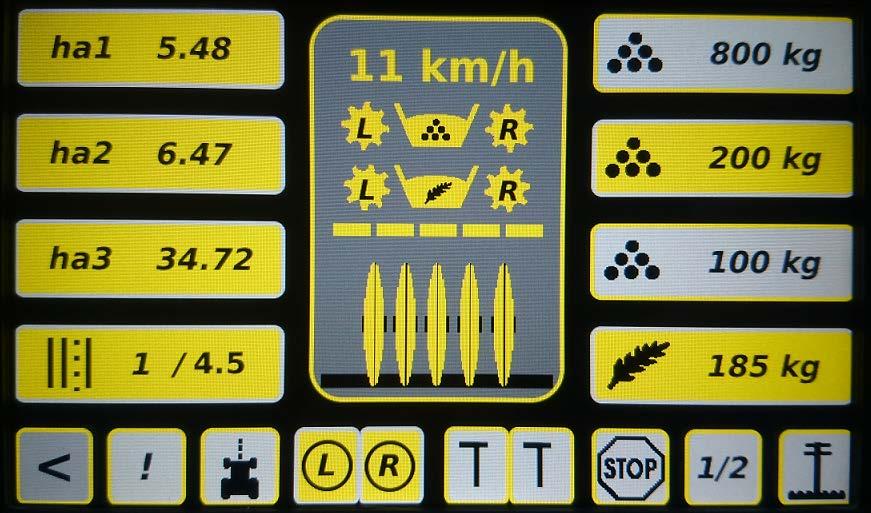 12 20 21 22 1 13 2 14 3 15 4 16 5 6 7 8 9 10 11 17 18 19 Kuva 47. Kylvövalikko ja sen näppäimet ja kuvakkeet. Kylvövalikon näppäinten toiminnot, kuva 47 1. Pinta-alamittari 1 13.