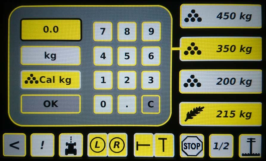 1 2 Kuva 58. Kylvömäärien säätövalikko Vasemmassa ylälaidassa on näppäin kg (kuvake 1.) aktivoitunut keltaiseksi. Kiertokoe on tarkin, kun se tehdään yleisimmin käyttämälläsi lannoitemäärällä, esim.
