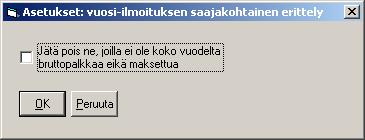 Ikkunan ylälaidan painikkeista saat vaihdettua palkansaajaa sekä tulostettua TYVI-muotoon ja paperille vuosi-ilmoituksen yhteenvedon luvut ja