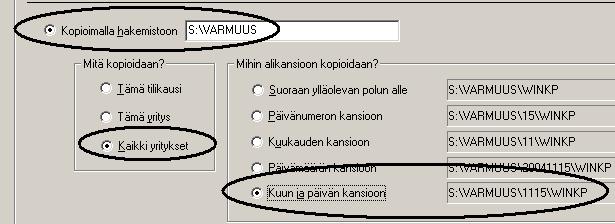 Asteri Palkanmaksu KÄYTTÖOHJEET 169/231 Esimerkki 3: Käynnistetään oma komentojonotiedosto Tässä esimerkissä mikrotukihenkilö on tehnyt varmuuskopiointia varten komentojonotiedoston C:\VARMUUS.