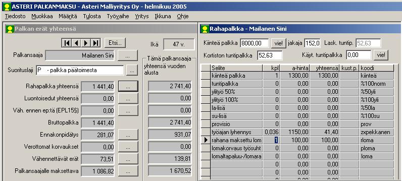 54/231 KÄYTTÖOHJEET Asteri Palkanmaksu ohjelma laskee, että a-hinta = rahapalkka sairasajanpalkka lomat Voit syöttää vielä kpl-sarakkeeseen sopivan kertoimen, jolloin pekkaskorvauksen rahamäärä tulee