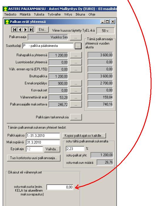 Asteri Palkanmaksu KÄYTTÖOHJEET 69/231 7.14.3 SOTU-MAKSUN VÄHENNYKSET Vuodesta 2010 alkaen on ohjelmaan voinut syöttää sosiaaliturvamaksusta vähennettävän summan, jos perusteena on esim.