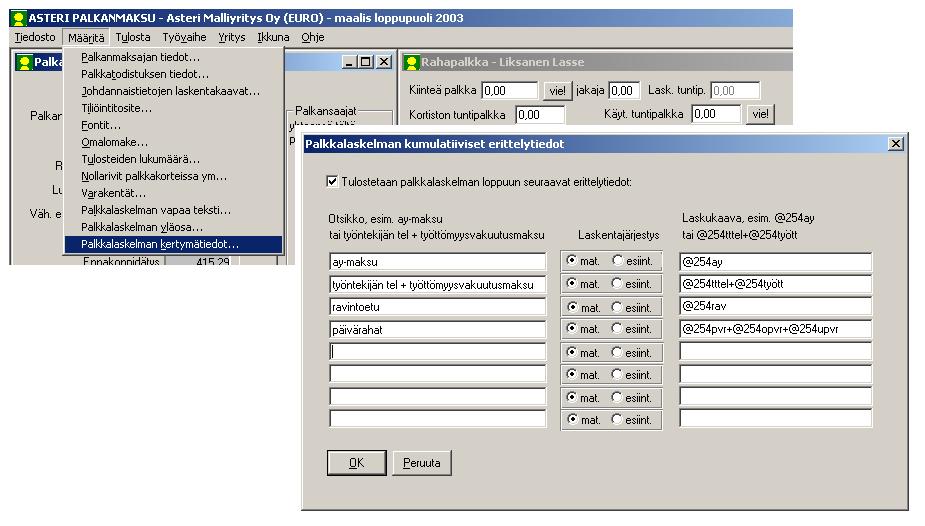 Asteri Palkanmaksu KÄYTTÖOHJEET 81/231 Palkkalaskelman loppuun tulostuu kertymätiedot vuoden alusta. Oletuksena sinne tulostuu palkan erien yhteissummat.