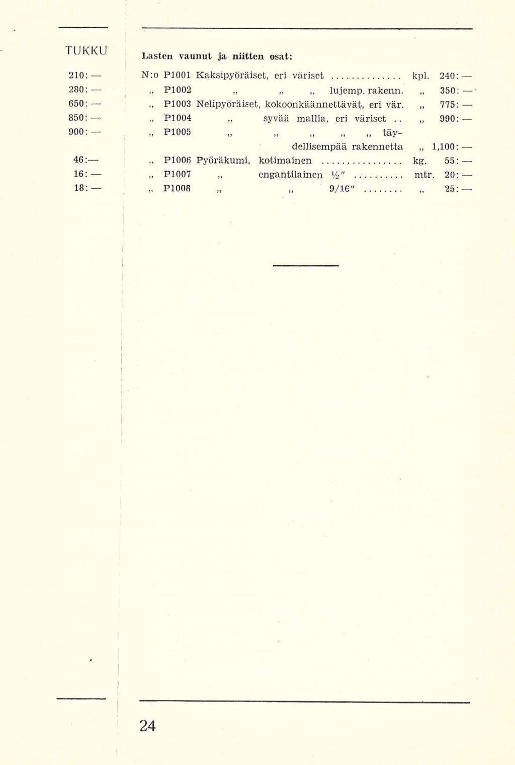 POO2 POO3 POO7 POOB engantllainen syvää 9/6" TUKKU v Lasten vaunut ja niitten osat: 20: N:o PlOOl Kaksipyöräiset, eri väriset kpl. 240: 280: 650; 850: POO4 900: lujemp.