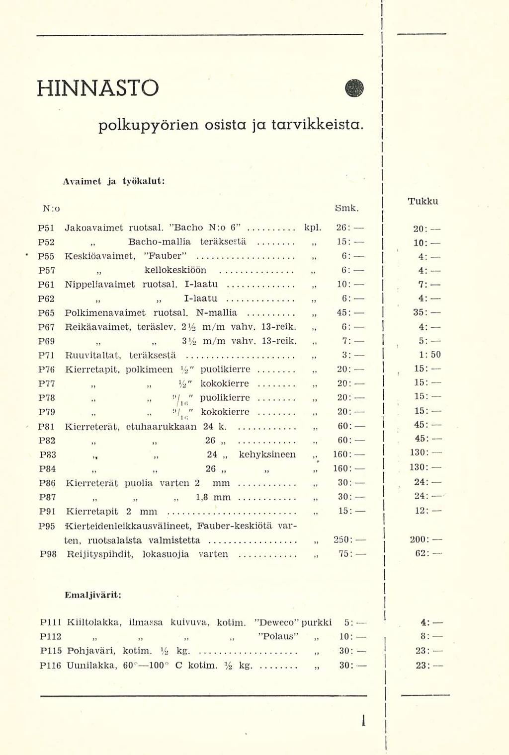 Bacho-mallia kellokeskiöön 26 24 26,8. kehyksineen ", 6: 6: 20: 60: 30; HNNASTO m polkupyörien osista ja tarvikkeista. Avaimet ja työkalut; N:o, Tukku Smk. Psl Jakoavaimet ruotsal. Bacho N:o 6 kpl.