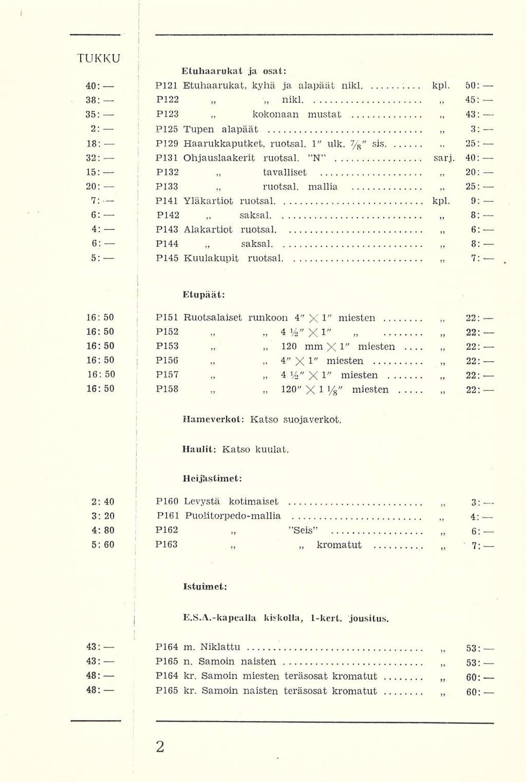 P23 Pl3l P33 P42 P43 P44 P65 saksal saksal nikl kokonaan tavalliset ruotsal. 20 4" 4^' 20" TUKKU Etuhaarukat ja osat: 40: Pl2l Etuhaarukat, kyhä ja alapäät nikl kpl.