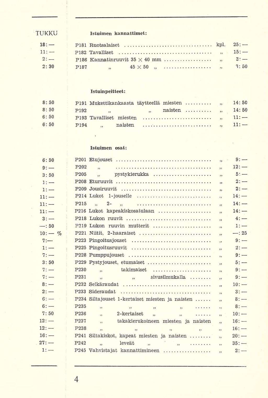 P209 % P223 P233 P245 2- pystykierukka takimaiset 45 sivusilmukalla takakierukoineen leveät TUKKU stuimen kannattimct: 8: Plßl Ruotsalaiset kpl.