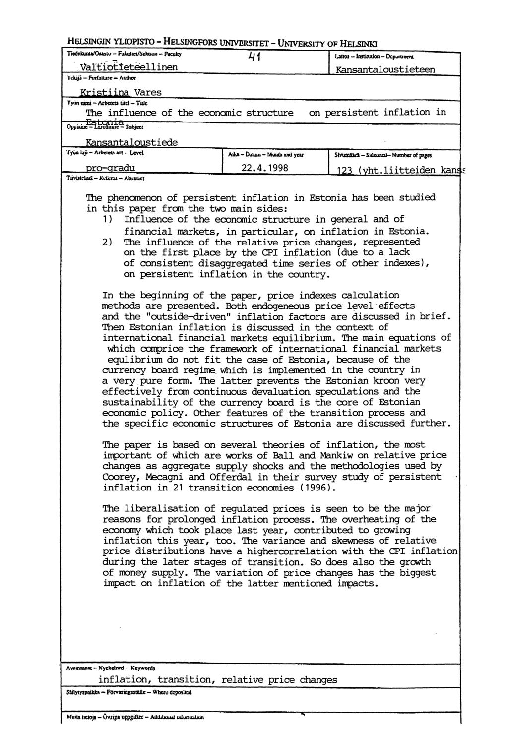 HELSINGIN YLIOPISTO - HELSINGFORS UNIVERSITET - UNIVERSITY 0F HELSINKI Tiodekwita/Oaagv FakutictiSation Faculty ---. 4 1 Laitos Institution Dcp.atment -- - - -.