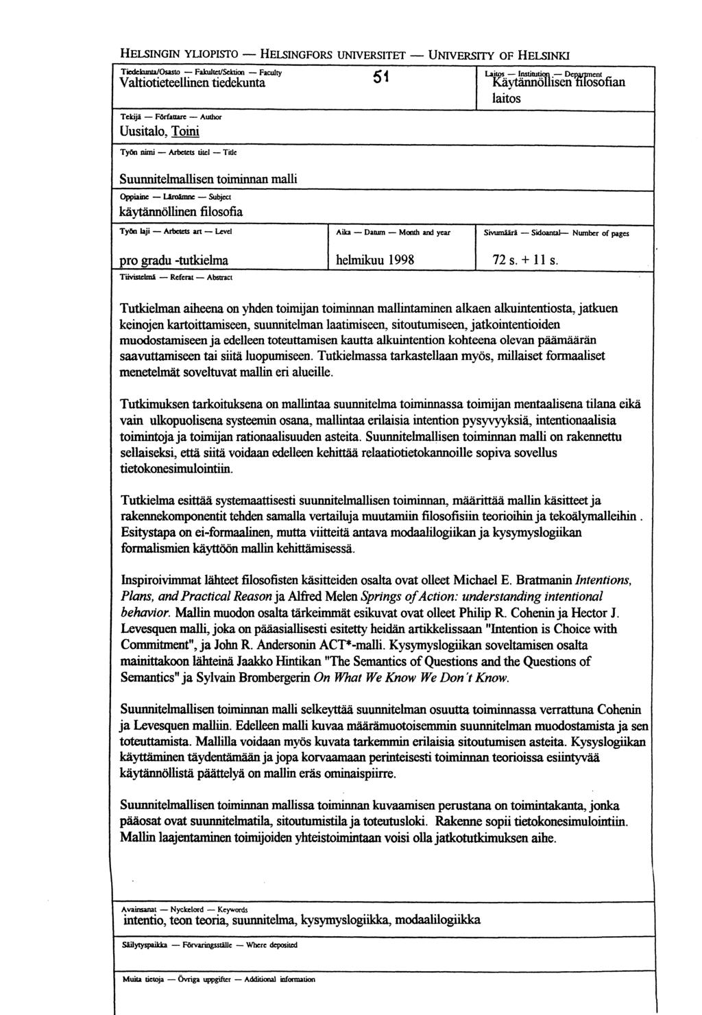 . HELSINGIN YLIOPISTO - HELSINGFORS UNIVERSITET - UNIVERSITY OF HELSINKI Tiedekunta/Osasto Fakultet/Sektion Faculty Valtiotieteellinen tiedekunta Tekijä Författare Author Uusitalo, Toini Työn nimi