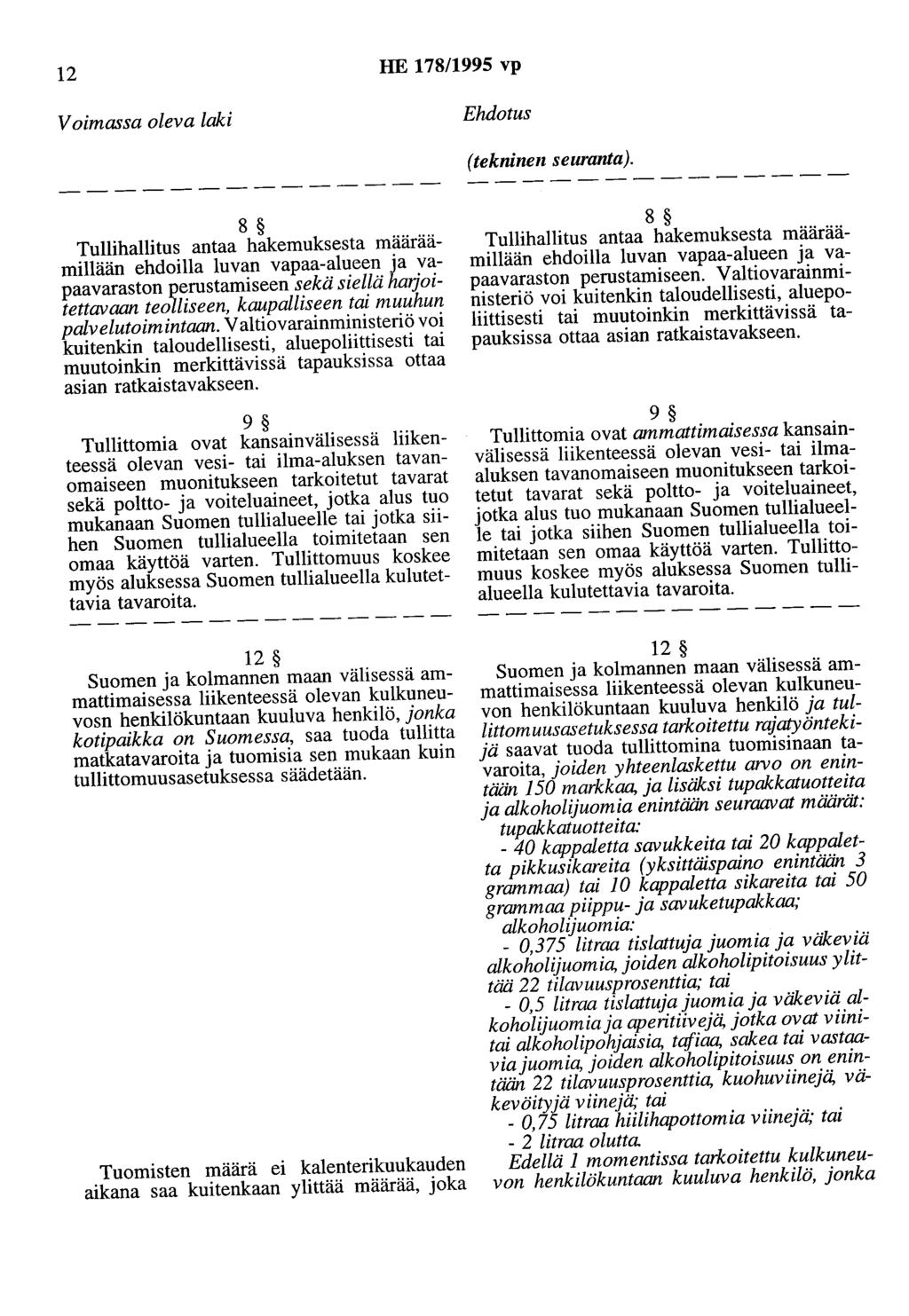 12 HE 178/1995 vp Voimassa oleva laki Ehdotus (tekninen seuranta).