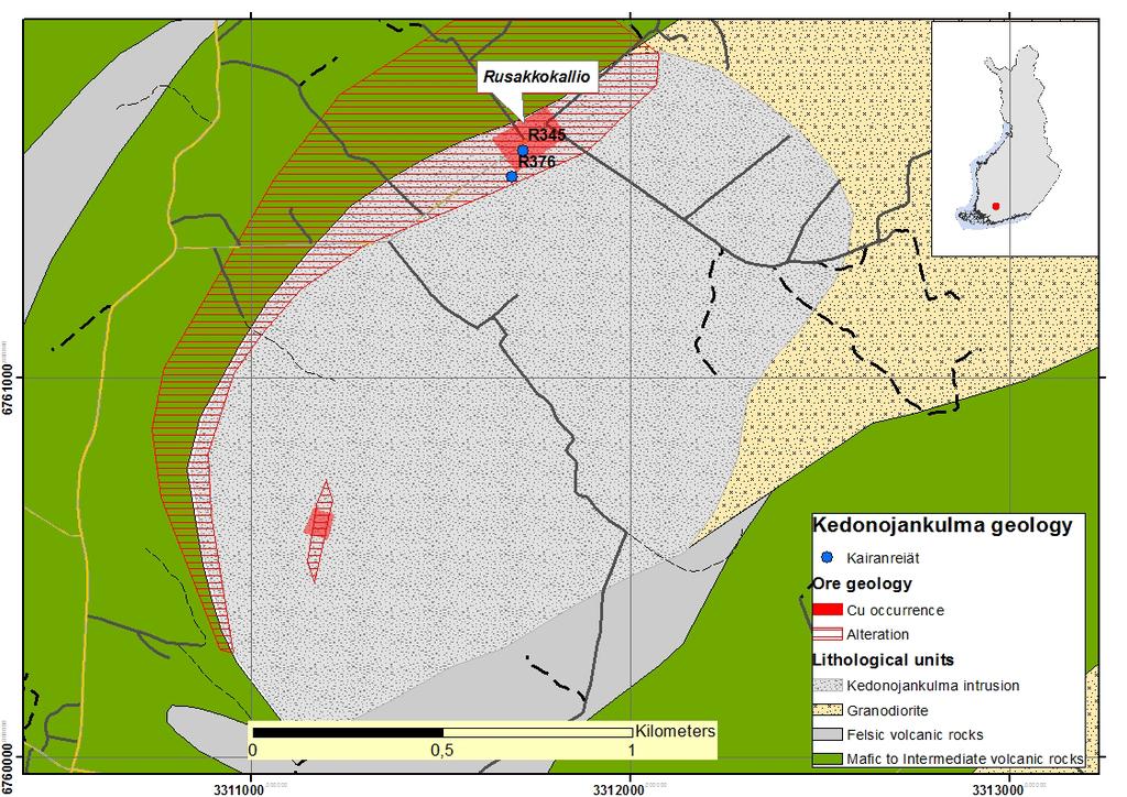 GEOLOGIAN TUTKIMUSKESKUS 108/2015 2 Kuva 1. Kedonojankulman granitoidi ja kairanreikien sijainti. Tämän tutkimuksen kairanreiät on osoitettu punaisella tähdellä.