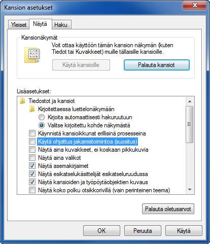 1 Valitse Käynnistä-valikosta Ohjauspaneeli, Ulkoasu ja mukauttaminen ja Kansion asetukset. 3 Napsauta Windows XP -käyttöjärjestelmässä Oma tietokone ja valitse Työkalut-kohdassa Kansion asetukset.