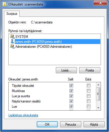 Peruskäyttö 10 Valitse lisätty käyttäjä, Muokkaa ja Lue ja suorita -oikeudet ja napsauta OK. [Polku]-tarkistus Tarkista dokumentin jaetun kohdekansion jaettu nimi.
