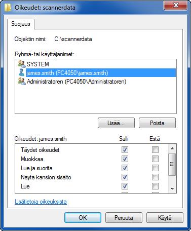 Peruskäyttö 10 Valitse lisätty käyttäjä, Muokkaa ja Lue ja suorita -oikeudet ja napsauta OK. [Polku]-tarkistus Tarkista dokumentin jaetun kohdekansion jaettu nimi.