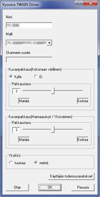 Valmistelut ennen käyttöä TWAIN-ajurin asetus Rekisteröi kone TWAIN-ajuriin. 1 Valitse Windowsissa Käynnistä-painike, Kaikki ohjelmat, Kyocera ja TWAIN-ajurin asetus. 2 2 Napsauta Lisää.