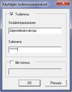 Valmistelut ennen käyttöä 7 Valitse Todennus-valintaruutu, kirjoita sisäänkirjautumisen käyttäjänimi (maks. 64 merkkiä) ja salasana (maks. 64 merkkiä) ja napsauta OK. 8 Napsauta OK.