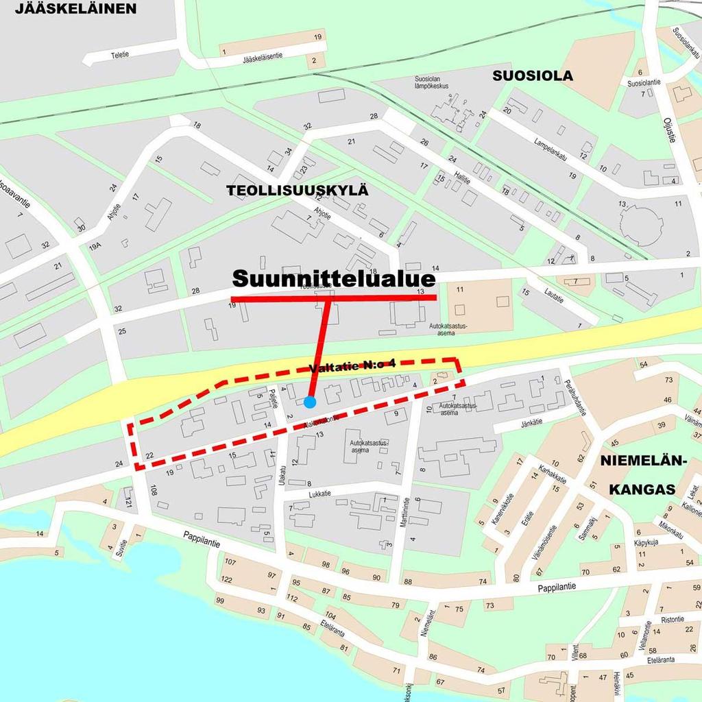 Sijaintikartta 2 Oheiselle kartalle on osoitettu alustava suunnittelualue. Vaikutusalue käsittää lähialueen ja sen ympäristön kortteli, katu, liikenne ja suojaviheralueita.