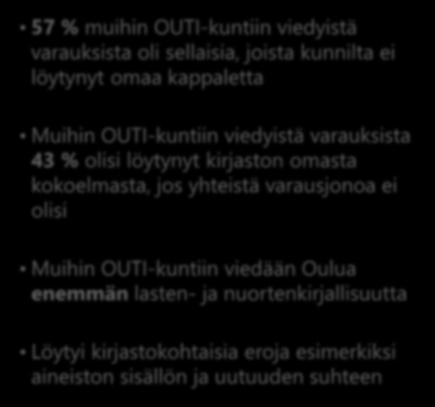 joista kunnilta ei löytynyt omaa kappaletta Ouluun tuoduista varauksista 68 % olisi löytynyt Oulun kokoelmista, jos yhteistä varausjonoa ei olisi ollut Ouluun viedään muita OUTI-kirjastoja vähemmän