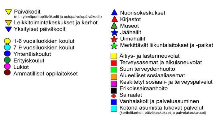 Kaupungin palveluverkon kartta (Hyvinvointipalvelut - Palveluverkon kehittämissuunnitelma, Tampereen kaupunki 2009). Kaava-alueen likimääräinen sijainti on osoitettu mustalla ympyrällä.