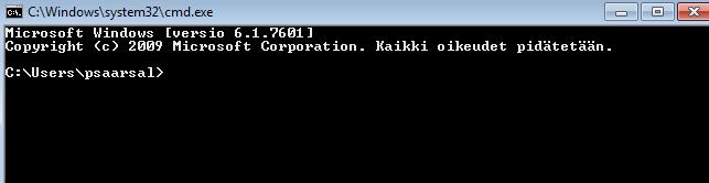 3. Komentotyökalun käynnistys Käynnistetään komentotyökalu (Start All Programs All Programs Accessories Command Prompt) Siirrytään komentotyökalulla edellä mainittuun ajokansioon alla olevalla