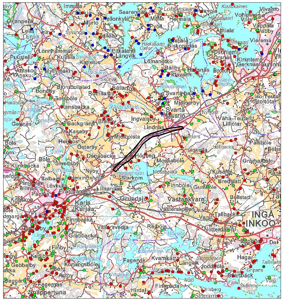 Kartta inventointialueesta Tiesuunnitelma alue, mittakaava 1:150 000. Taustakartta: Maanmittauslaitos, maastokarttarasteri 1:250 000.