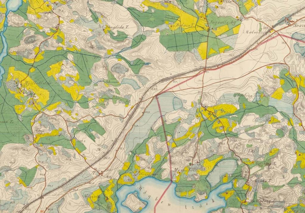 Vuonna 1870 laadittu kartta tiesuunnitelman alueelta.