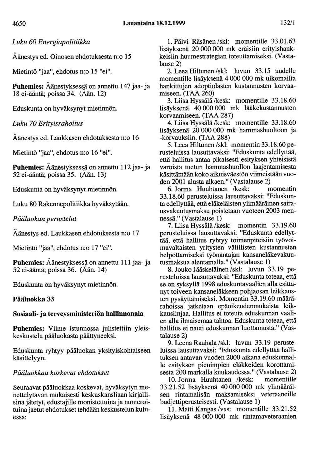 4650 Lauantaina 18.12.1999 132/1 Luku 60 Energiapolitiikka Äänestys ed. Oinosen ehdotuksesta n:o 15 Mietintö "jaa", ehdotus n:o 15 "ei". Puhemies: Äänestyksess.