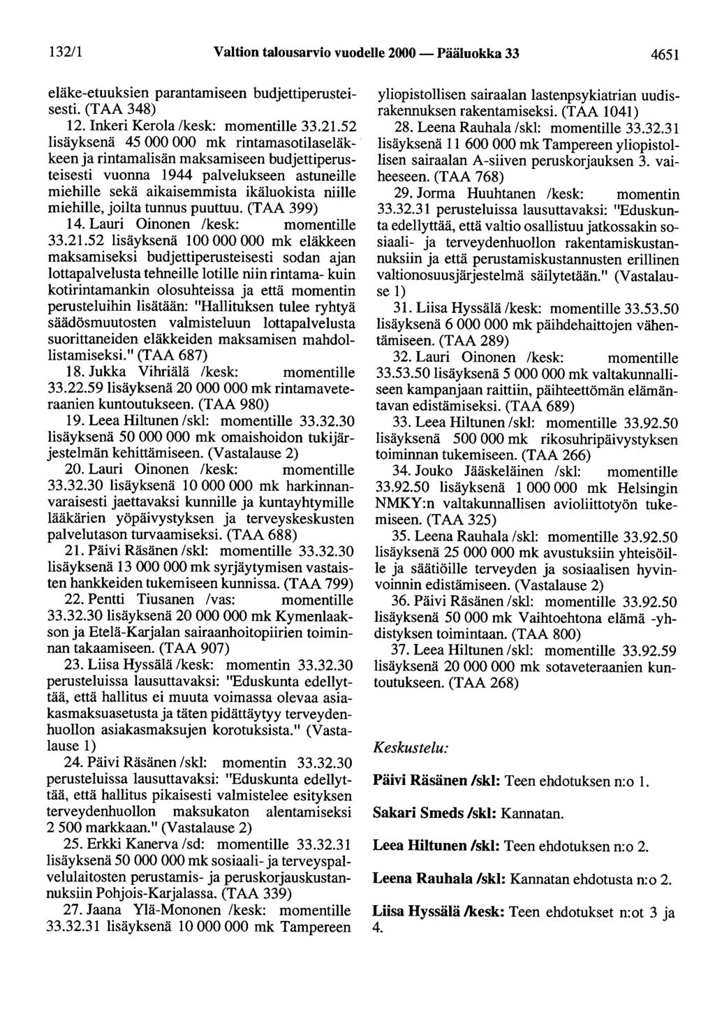 132/1 Valtion talousarvio vuodelle 2000 - Pääluokka 33 4651 eläke-etuoksien parantamiseen budjettiperusteisesti. (T AA 348) 12. Inkeri Kerola /kesk: momentille 33.21.