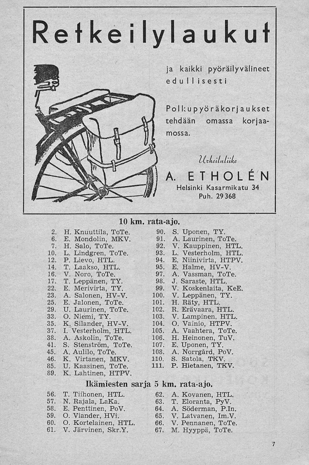 Retkeilylaukut ja kaikki pyöräilyvälineet edullisesti Polkupyöräkorjaukset tehdään omassa korjaamossa. CA.tkeUu.luke A. ETHOLÉN Helsinki Kasarmikatu 34 Puh. 29 368 2. H. Knuuttila, ToTe. 6. E. Mondolin, MXV.