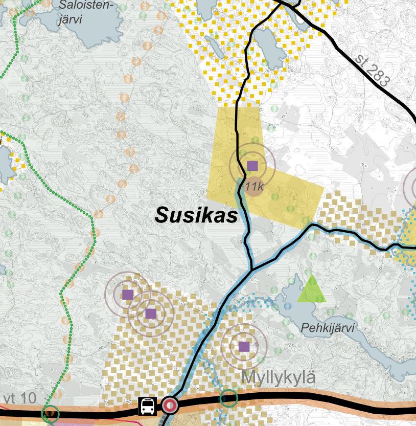 Maakuntakaavassa on osoitettu alueen kuusi kiinteää muinaisjäännöstä (turkoosi neliö).